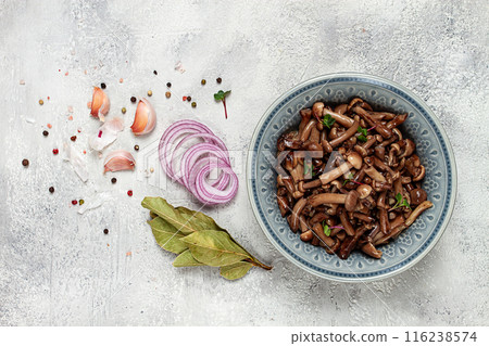 pickled honey mushrooms, in a bowl, homemade, top view, no people, 116238574