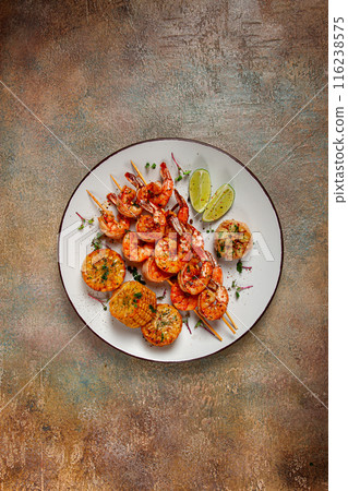 tiger prawns on skewers, shrimp kebab, with corn, fried, homemade, no people, 116238575