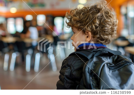 A young boy with curly hair stands in a school cafeteria, wearing a backpack, looking towards the back of the room. A young boy with curly hair stands in a school cafeteria, wearing a backpack, looking towards the back of the room. 116238599