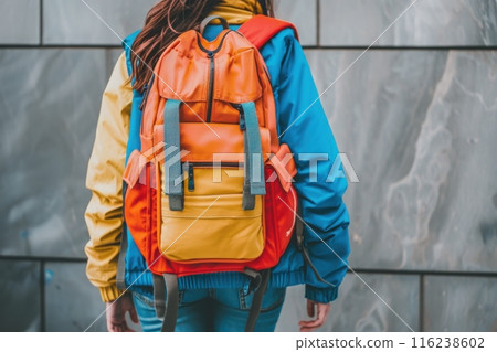 A student with a bright backpack walks down the street in Northern Europe. 116238602