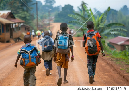 A group of young African children walks down a dusty road on their way to school, carrying their backpacks filled with hope and dreams. 116238649