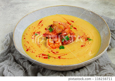 pumpkin cream soup with shrimp, herbs and spices, homemade, no people, pumpkin cream soup with shrimp, herbs and spices, homemade, no people, 116238711
