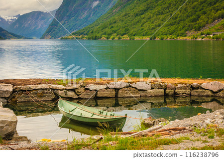 Little boat on water, norway fjord 116238796