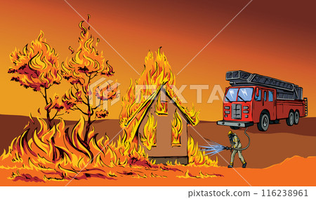 Vector drawing. Firefighter puts out the fire 116238961