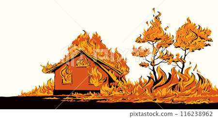 Vector drawing. Burning house and trees Vector drawing. Burning house and trees 116238962