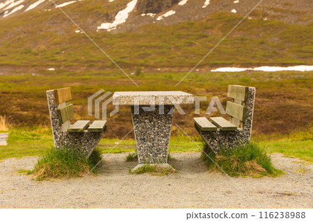 Camp site with picnic table in norwegian mountains Camp site with picnic table in norwegian mountains 116238988