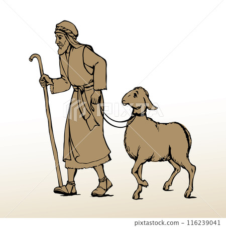 A man leads an sheep for sacrifice. Pencil drawing 116239041