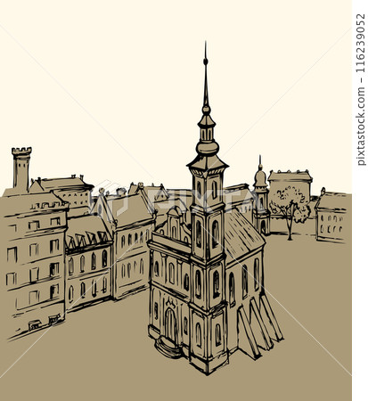 Vector drawing. Medieval cathedral in the center of the city square Vector drawing. Medieval cathedral in the center of the city square 116239052