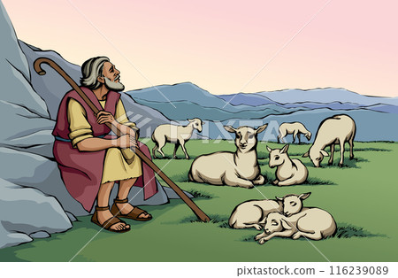 Vector drawing. Shepherd with sheep Vector drawing. Shepherd with sheep 116239089