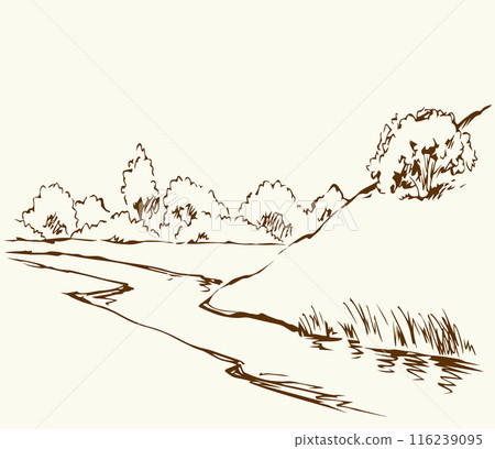 Vector drawing. Summer river scene Vector drawing. Summer river scene 116239095