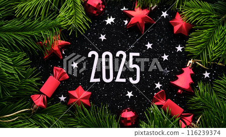 New Year 2025 background. Number of the coming year in Christmas decoration on a dark background. 116239374