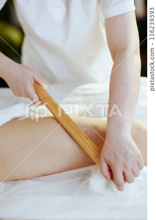 Massage therapist in massage cabinet massaging clients leg 116239393