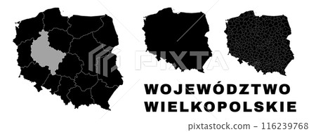 Greater Poland map, Polish state. Poland administrative provinces, boroughs, and municipalities. Greater Poland map, Polish state. Poland administrative provinces, boroughs, and municipalities. 116239768