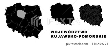 Kuyavian-Pomeranian map, Polish state. Poland administrative provinces, boroughs, and municipalities. Kuyavian-Pomeranian map, Polish state. Poland administrative provinces, boroughs, and municipalities. 116239771