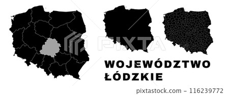 Lodz map, Polish state. Poland administrative provinces, boroughs, and municipalities. Lodz map, Polish state. Poland administrative provinces, boroughs, and municipalities. 116239772
