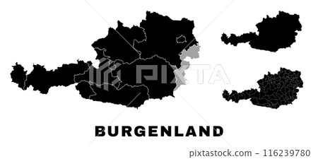 Burgenland map, Austrian state. Austria administrative provinces, boroughs, and municipalities. 116239780