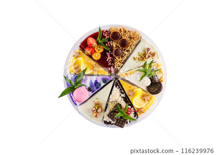 Assortment of pieces of cake, isolated on white Assortment of pieces of cake, isolated on white 116239976