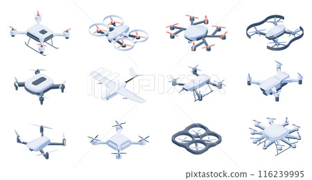 Isometric drones. Aerial drone unmanned remote control surveillance multicopter vehicles, wireless robotic helicopter copter technology. Vector isometric drones set. 116239995