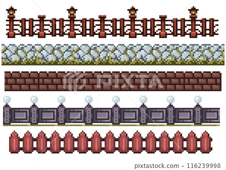 Pixel fences pattern. Seamless fence pattern 8 bit retro old school video game border and boundary, cartoon wooden plank panel. Vector pixel fence texture Pixel fences pattern. Seamless fence pattern 8 bit retro old school video game border and boundary, cartoon wooden plank panel. Vector pixel fence texture 116239998