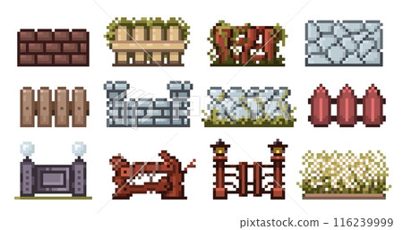 Pixel 8 bit fences. Retro fence wooden plank stone metal brick wall, vintage 2D game asset, cartoon old rural boundary. Vector pixel fence isolated set 116239999