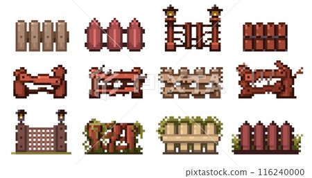 Pixel wooden fences. Retro 8 bit game asset, cartoon wooden fence rustic board plank boundary, old school garden boundary border. Vector pixel wooden fences isolated set 116240000