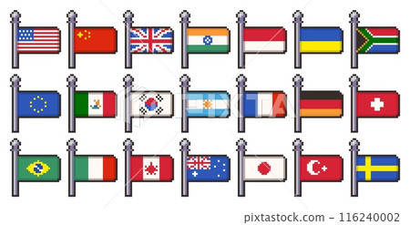 Pixel country flags. Retro flag national symbols of Italy, France, Germany, Japan, USA and others, 8 bit mosaic icons for video game design. Vector pixel country flags isolated set Pixel country flags. Retro flag national symbols of Italy, France, Germany, Japan, USA and others, 8 bit mosaic icons for video game design. Vector pixel country flags isolated set 116240002