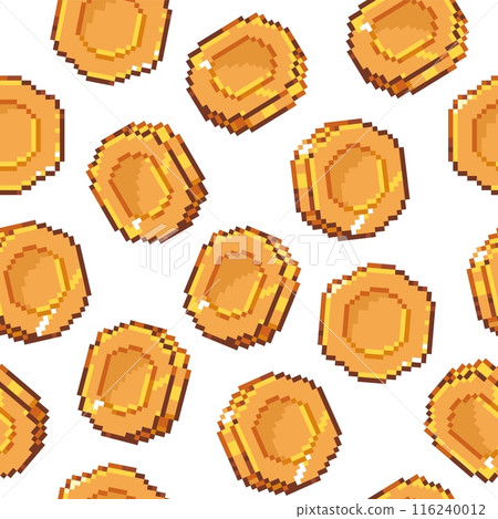 Pixel coin seamless pattern. Retro 8 bit golden coins arcade game background, old video game graphic element. Vector pixelated background with 80s old school style gold coins 116240012