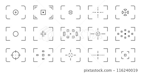 Camera focus viewfinder ui. Camera viewfinders lens frame focus with grid and dots, photo and video camera viewfinder with grid and dots. Vector ui illustration. 116240019