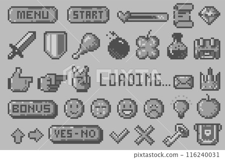 Pixel 8 bit black symbols. Emoticons, cursor, arrow, sound, text bobbles, health scale, game menu, UI interface icons. Vector isolated set. Pixel 8 bit black symbols. Emoticons, cursor, arrow, sound, text bobbles, health scale, game menu, UI interface icons. Vector isolated set. 116240031