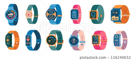 Smart watch. Cartoon fitness tracker with heart rate monitor step counter, electronic wristband with health application. Vector isolated set. 116240032