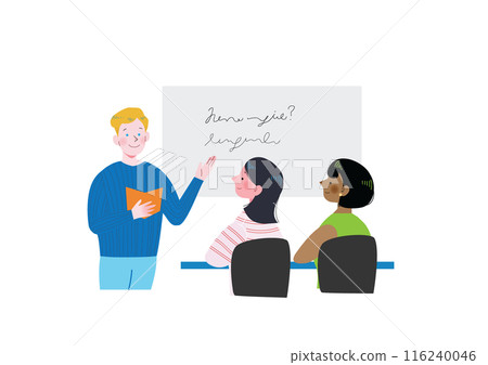 A Japanese woman and a black woman listening to a white man giving a presentation at a language school or English conversation class in their study abroad destination 116240046