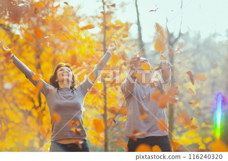 smiling romantic family in park throwing autumn leafs smiling romantic family in park throwing autumn leafs 116240320