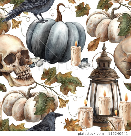 Black pumpkin and leaves, skull, black raven, vintage lantern and candle, crystal. Watercolor seamless pattern in gothic style. Fall themed Halloween designs, cards, posters, decorations, packaging Black pumpkin and leaves, skull, black raven, vintage lantern and candle, crystal. Watercolor seamless pattern in gothic style. Fall themed Halloween designs, cards, posters, decorations, packaging 116240441