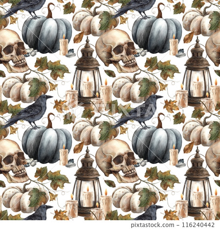 Black pumpkin and leaves, skull, black raven, vintage lantern and candle, crystal. Watercolor seamless pattern in gothic style. Fall themed Halloween designs, cards, posters, decorations, packaging Black pumpkin and leaves, skull, black raven, vintage lantern and candle, crystal. Watercolor seamless pattern in gothic style. Fall themed Halloween designs, cards, posters, decorations, packaging 116240442