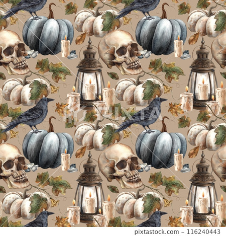 Black pumpkin and leaves, skull, black raven, vintage lantern and candle, crystal. Watercolor seamless pattern on a beige background. Fall themed Halloween designs, cards, decorations, packaging Black pumpkin and leaves, skull, black raven, vintage lantern and candle, crystal. Watercolor seamless pattern on a beige background. Fall themed Halloween designs, cards, decorations, packaging 116240443