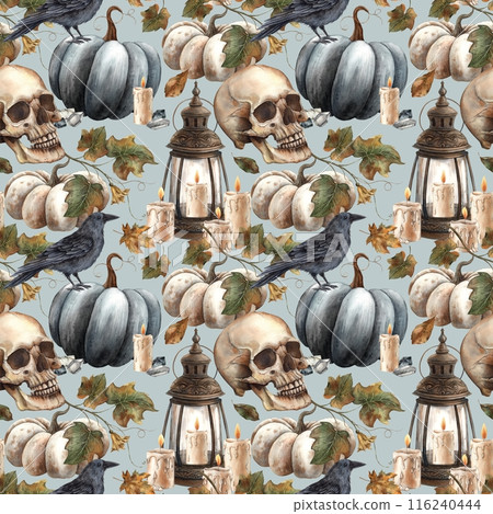 Black pumpkin and leaves, skull, black raven, vintage lantern and candle, crystal. Watercolor seamless pattern on a blue background. Fall themed Halloween designs, cards, decorations, packaging 116240444