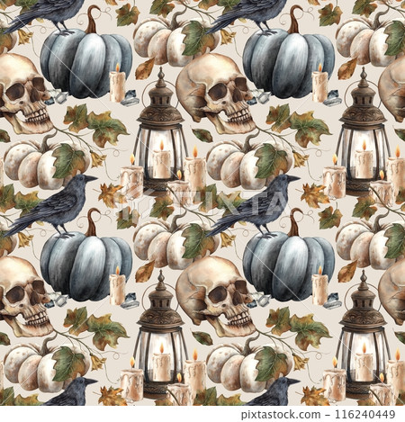 Black pumpkin and leaves, skull, black raven, vintage lantern and candle, crystal. Watercolor seamless pattern on a beige background. Fall themed Halloween designs, cards, decorations, packaging Black pumpkin and leaves, skull, black raven, vintage lantern and candle, crystal. Watercolor seamless pattern on a beige background. Fall themed Halloween designs, cards, decorations, packaging 116240449