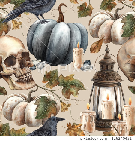 Black pumpkin and leaves, skull, black raven, vintage lantern and candle, crystal. Watercolor seamless pattern on a beige background. Fall themed Halloween designs, cards, decorations, packaging Black pumpkin and leaves, skull, black raven, vintage lantern and candle, crystal. Watercolor seamless pattern on a beige background. Fall themed Halloween designs, cards, decorations, packaging 116240451