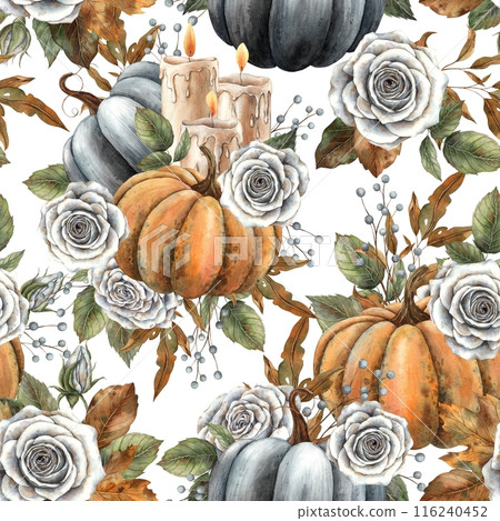 Black and orange pumpkins, wax candles, white roses with autumn leaves and berries. Watercolor seamless pattern on a white background. Suitable for Halloween, Thanksgiving, cards, packaging and paper 116240452