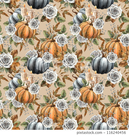 Black and orange pumpkins, wax candles, white roses with autumn leaves and berries. Watercolor seamless pattern on a beige background. Suitable for Halloween, Thanksgiving, cards, packaging and paper Black and orange pumpkins, wax candles, white roses with autumn leaves and berries. Watercolor seamless pattern on a beige background. Suitable for Halloween, Thanksgiving, cards, packaging and paper 116240456