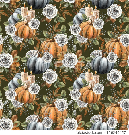 Black and orange pumpkins, wax candles, white roses with autumn leaves and berries. Watercolor seamless pattern on a green background. Suitable for Halloween, Thanksgiving, cards, packaging and paper 116240457