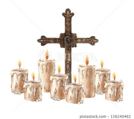 Burning wax candles with fire and a vintage copper cross. Watercolor hand drawn illustration in vintage style. Suitable for Halloween party design, cards, books, invitations and wrapping paper 116240462