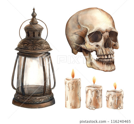 human skull, wax candles and vintage copper lantern. Watercolor set, hand drawn in Gothic style on an isolated background. Suitable for Halloween design, vintage holidays, cards, posters, packaging human skull, wax candles and vintage copper lantern. Watercolor set, hand drawn in Gothic style on an isolated background. Suitable for Halloween design, vintage holidays, cards, posters, packaging 116240465