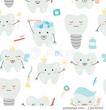 Seamless pattern with kawaii-style vector tooth characters and dental care items on an isolated white background. Seamless pattern with kawaii-style vector tooth characters and dental care items on an isolated white background. 116240501