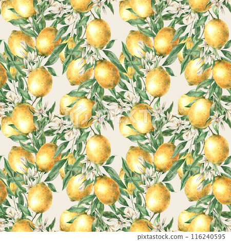 Seamless pattern of branches of yellow lemons, leaves and flowers on a beige background. Watercolor drawing in realistic style. Patterns for interior, cards, wedding design, invitations, textiles Seamless pattern of branches of yellow lemons, leaves and flowers on a beige background. Watercolor drawing in realistic style. Patterns for interior, cards, wedding design, invitations, textiles 116240595