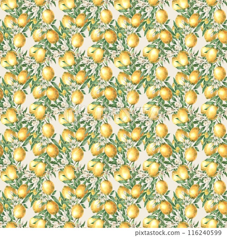 Seamless pattern of branches of yellow lemons, leaves and flowers on a beige background. Watercolor drawing in realistic style. Patterns for interior, cards, wedding design, invitations, textiles Seamless pattern of branches of yellow lemons, leaves and flowers on a beige background. Watercolor drawing in realistic style. Patterns for interior, cards, wedding design, invitations, textiles 116240599