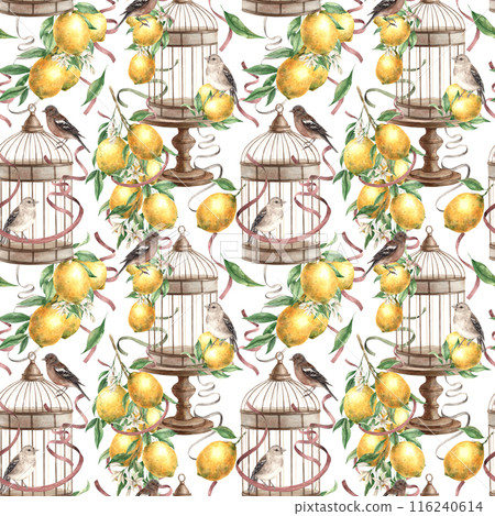 Seamless pattern of yellow lemons, birds and copper cage with satin ribbons on a white background. Watercolor drawing in vintage style. Drawing for interior, cards, weddings, invitations, textiles. 116240614
