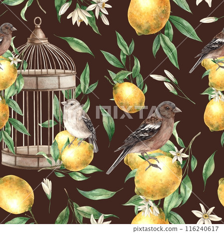 Seamless pattern of yellow lemons, leaves, birds and copper vintage cage on a brown background. Watercolor drawing in vintage style. Drawing for interior, cards, wedding design, invitations, textiles 116240617