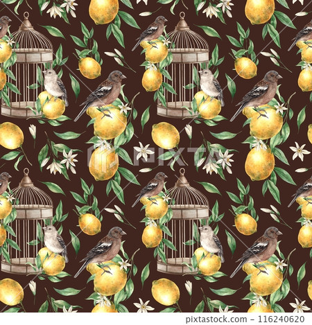 Seamless pattern of yellow lemons, leaves, birds and copper vintage cage on a brown background. Watercolor drawing in vintage style. Drawing for interior, cards, wedding design, invitations, textiles 116240620