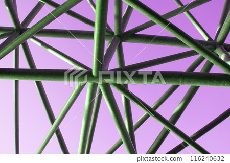 Abstract metal figure on a colorful pink background, artistically welded metal pipes, fragment of scaffolding in NYC 116240632